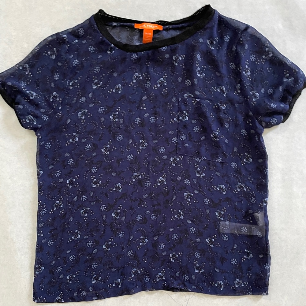2/$20 Chic and Sheer: Navy Blue Floral Pattern Top